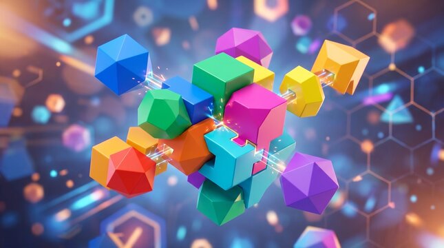 Abstract Geometric Assembly: A vibrant and complex arrangement of colorful geometric shapes, interlocked and floating, suggesting connection, data, and innovation against a futuristic.
