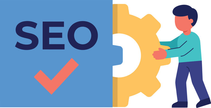 Seo optimization concept with a person fitting a gear into a puzzle piece seo