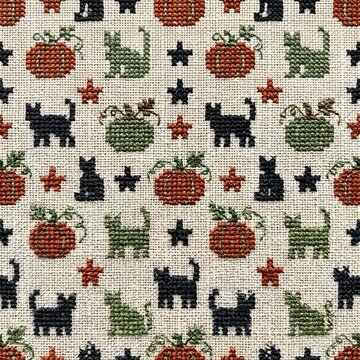Halloween needlepoint craft pattern featuring embroidered black cats and orange pumpkins theme.