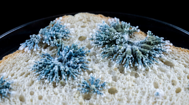 Close-up of blue-green mold spores growing on a slice of white bread with a dark background.