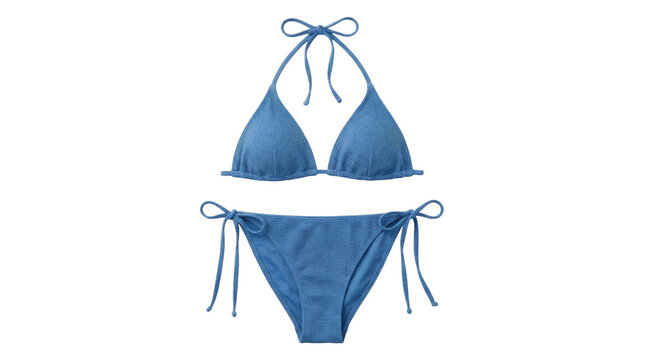 Blue textured bikini set with triangle top and tie side bottoms isolated on white background