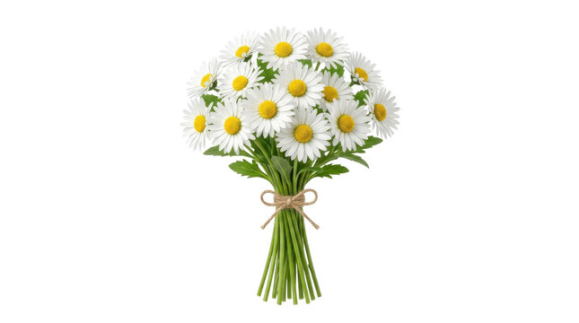 A beautiful bouquet of fresh white daisies tied together with a simple rustic twine ribbon