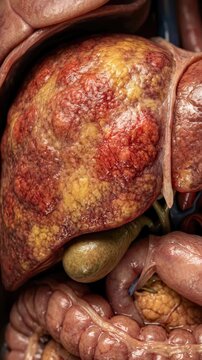Hepatic organ degeneration: hepatitis diagnose, liver pathology, disease advance, cell destruction, tissue change, medical research, biological impact, health crisis.