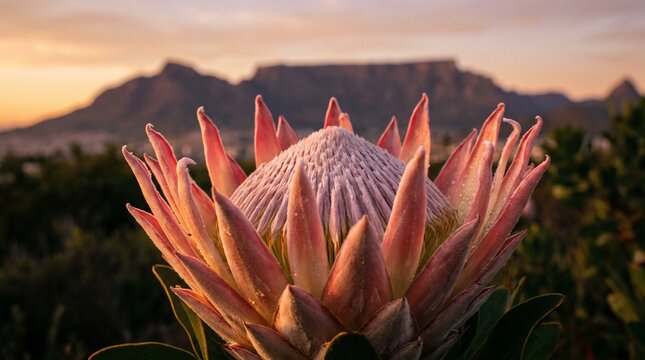A vibrant king protea flower blooms against a dramatic mountain landscape at golden hour.