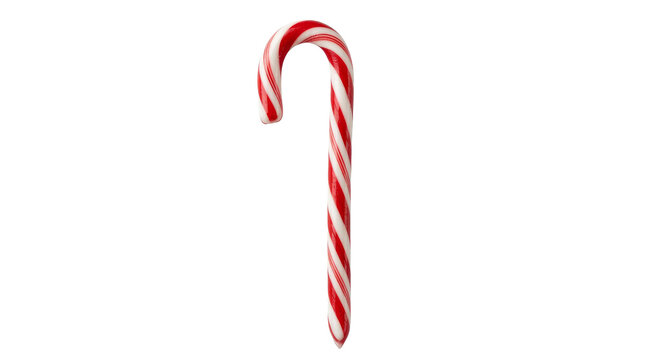 A single traditional red and white striped candy cane isolated on a clean white background