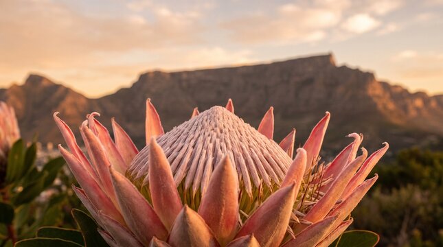 A vibrant king protea flower blooms beautifully against a dramatic mountain sunset background landscape.