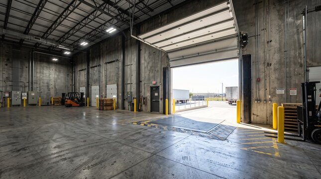 An empty industrial warehouse loading dock with an open bay door for logistics.