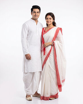 cheerful bengali couple standing in traditional white dhoti and lal paar saree celebrating durga puja festival for cultural marketing banner
