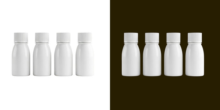 Four small white plastic pharmaceutical bottles mockup 3D render transparent png