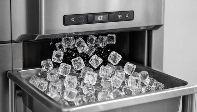 Fresh ice cubes falling from a commercial stainless steel machine for cold beverage service.