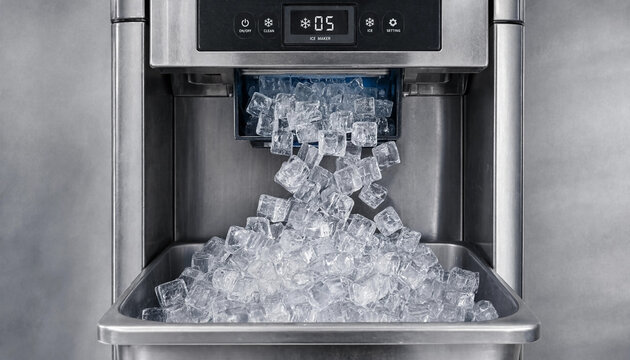 Stainless steel ice maker dispensing fresh frozen cubes into a metal collection tray.