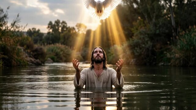 Sacred water rite: Jesus Christ, Jordan River, white dove, heavenly beam, divine light, solemn prayer, spiritual peace, blessed savior, pure soul, holy immersion, serene wilderness.