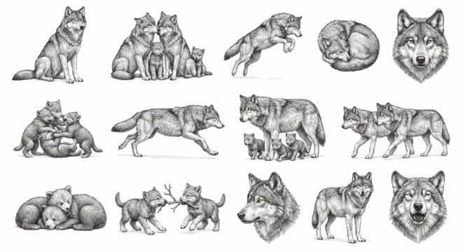 Detailed hand drawn wolf pack set with cute wild pups playing, sleeping, running and head portraits in vintage monochrome pencil sketch vector style isolated on white.