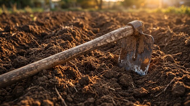 A weathered metal hoe rests in rich garden soil during a golden sunset.