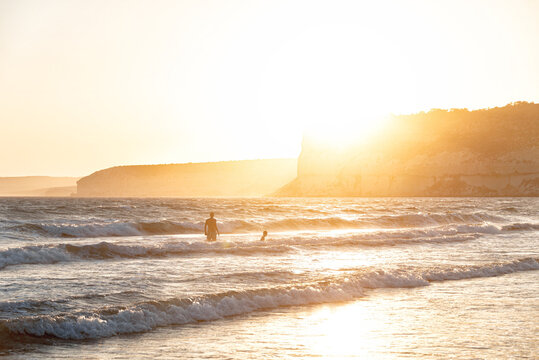 Kourion beach waves at sunset. Episkopi, Limassol District, Cyprus