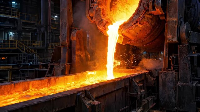 Molten iron pouring from huge steel ladle into foundry casting channel at metal factory.