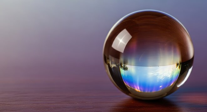 A clear glass sphere rests on a dark wooden surface, reflecting the surrounding light in a magical and mysterious way. Perfect for decor, reflection, object, round