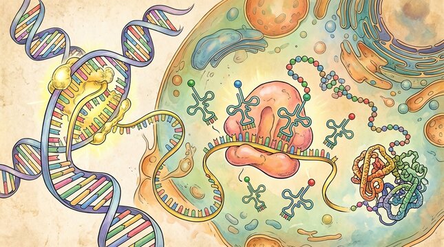 Protein Synthesis Process Showing DNA Transcription and mRNA Translation