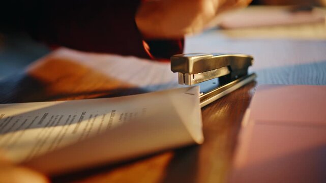 Metal stapler closeup office desk. Hands stapling paper documents warm evening.