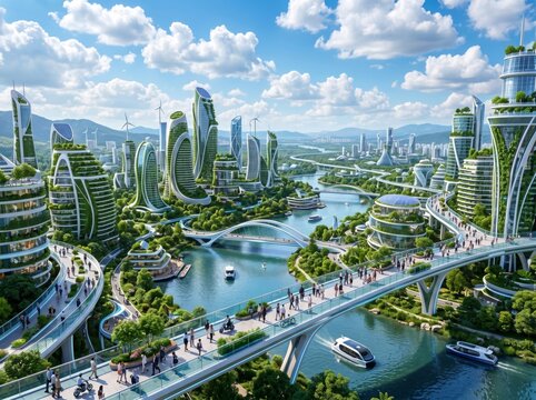 People walking on skywalks in a futuristic sustainable city with green skyscrapers, vertical gardens, and river transport