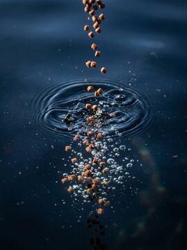 Brown fish food pellets falling into dark blue water creating ripples on surface and bubbles underwater
