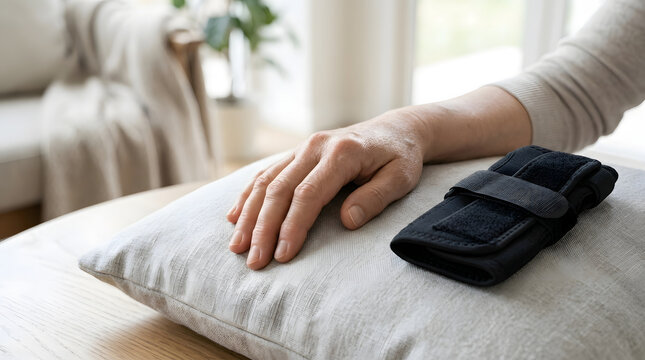 Older adult hand resting on a pillow next to a black orthopedic wrist brace. Joint pain management and arthritis care at home