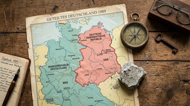 Historical map of divided Germany in 1989 with vintage compass, key, fountain pen, and piece of stone on a wooden table