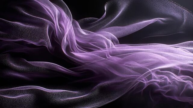 Translucent purple fabric ribbons flow in layered curves, with soft textured detail on a black background, suggesting elegance