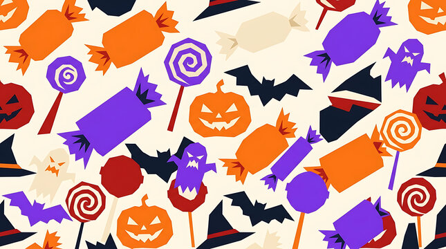 Colorful Spooky Halloween Seamless Pattern Background Featuring Wrapped Candy Lollipops Ghosts and Flying Bats Graphic Design Asset
