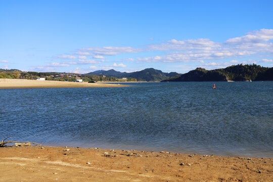 Exposed lakebed during an extreme drought, when water levels are very low.