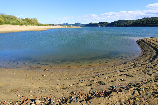 Exposed lakebed during an extreme drought, when water levels are very low.