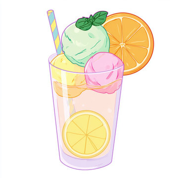 Ice cream soda vector illustration, colorful summer drink with citrus fruits and mint leaves in anime style