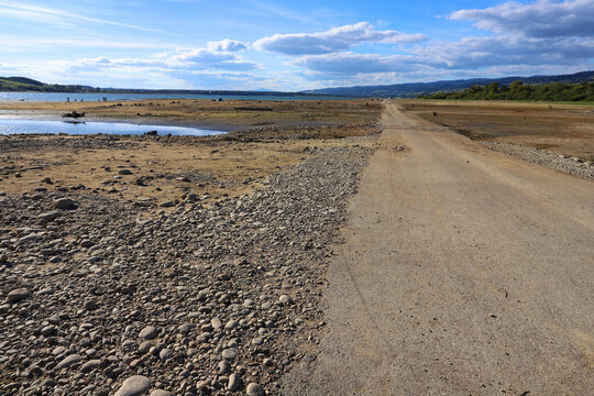 Exposed lakebed during an extreme drought, when water levels are very low.
