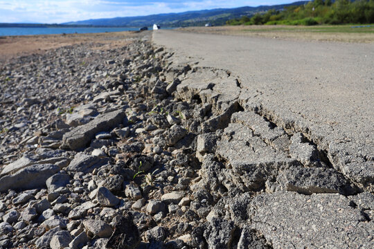 Exposed lakebed during an extreme drought, when water levels are very low.