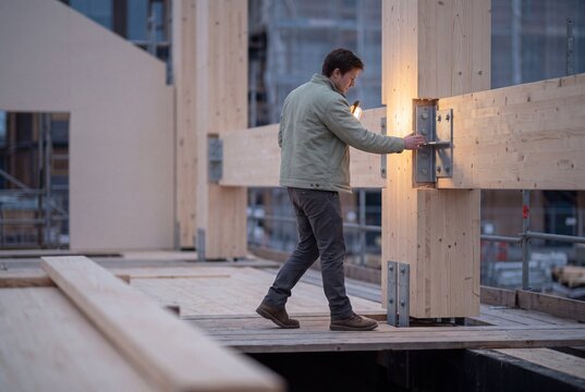 Male construction engineer inspecting steel joints and wooden beams on a modern mass timber building site