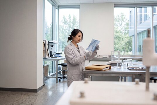 Asian female scientist in a white coat inspecting a modern material sample in a bright research laboratory