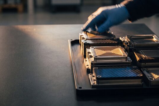 Close up of an engineer wearing protective gloves inspecting precision CNC machined metal components on a workbench in a modern factory