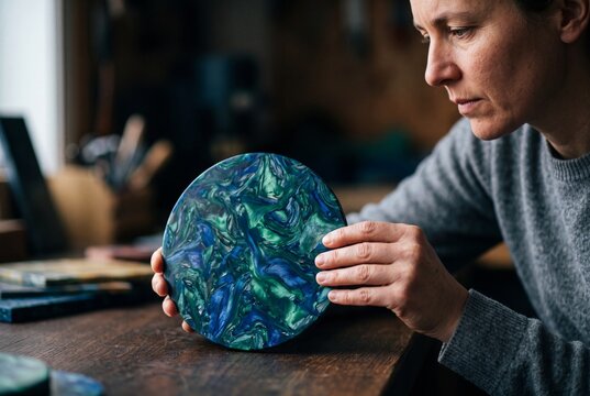 Female artisan inspecting a circular handmade recycled plastic disc with marble texture in workshop