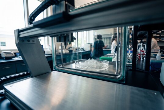 3D bioprinter extruding biomaterial scaffold onto a petri dish inside an enclosure in a modern biotechnology research laboratory