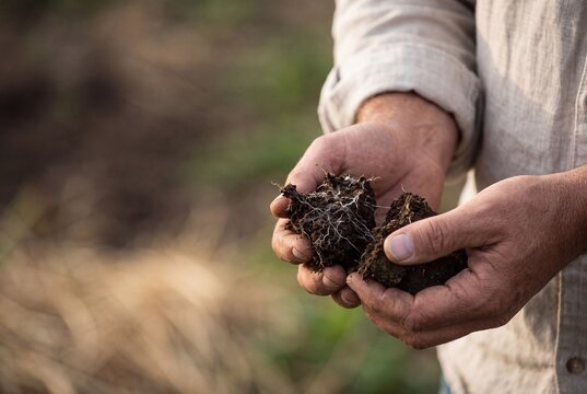 Farmer hands holding fertile organic soil enriched with beneficial fungal mycelium network in an agricultural field