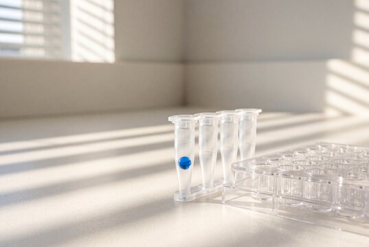 Row of plastic microcentrifuge tubes with a blue reagent bead next to a multiwell plate in a sunlit laboratory