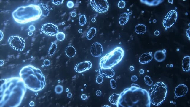 Slow tracking zoom shot of glowing microbes and bacteria drifting through dark fluid under microscope in laboratory closeup for scientific research visualization