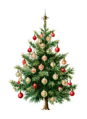 Obraz premium PNG Watercolor Christmas tree with red and gold ornaments on plain background