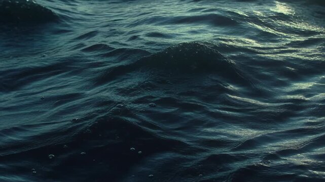 Dark teal ocean waves in a photographic style ripple across a moody natural seascape, creating a calm marine background