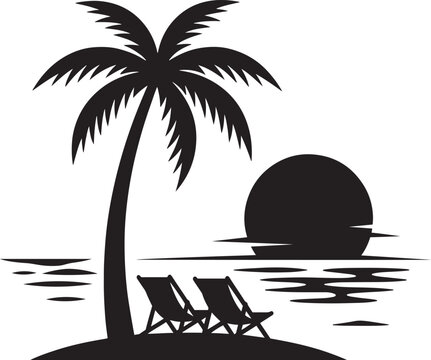Tropical beach sunset silhouette with palm tree and two lounge chairs, black and white vacation vector illustration, isolated on a white background.