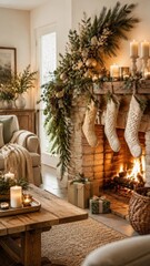 Obraz premium Cozy Christmas fireplace living room with stockings and candles
