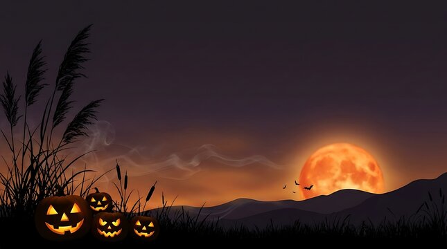 Spooky glowing jack o lanterns sitting in dark tall grass beneath a vibrant orange full moon during a mysterious twilight evening in late October time