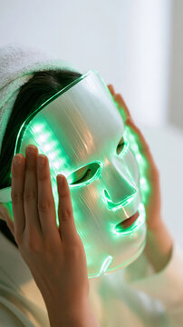 Close up of hands holding a green LED mask for facial skincare therapy, face out of frame, bright clean background, soft even lighting, beauty device concept, self care routine,
