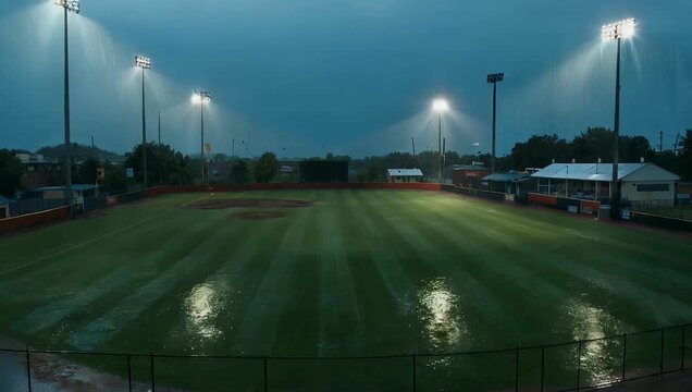 Moody 4K wide-angle video shot with 2x anamorphic lenses capturing an empty baseball stadium at dusk during heavy rain with flickering floodlights creating a dramatic high-contrast sports visual
