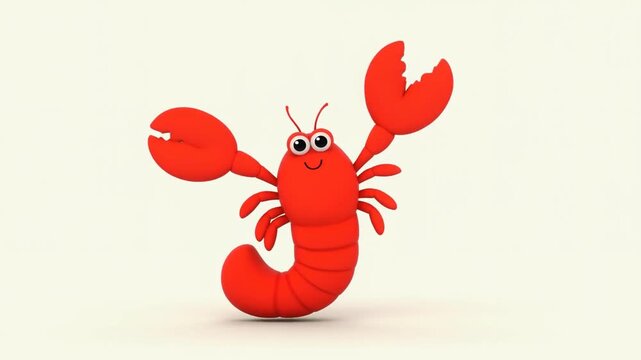 Static shot of red cartoon lobster waving both claws and bouncing on white studio background with soft shadow